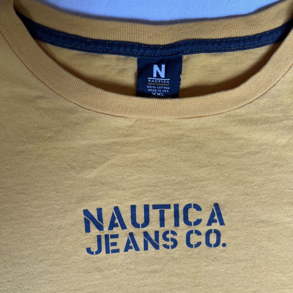 VTG Nautica Jeans Co T Shirt USA Made Men’s 2XL Yellow 90s Y2K Retro Preppy